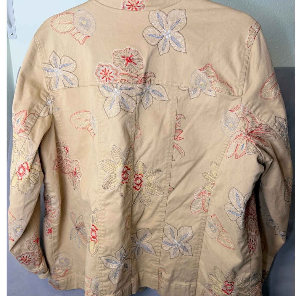 Susan Graver 1X Tan Floral Embroidered Jacket Cotton Blend Utility Plus Size - Picture 4 of 9